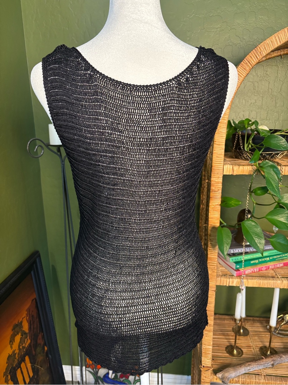 Black Seed Beaded Sleeveless Crochet Sheer Intricate Tank Top - Picture 5 of 5